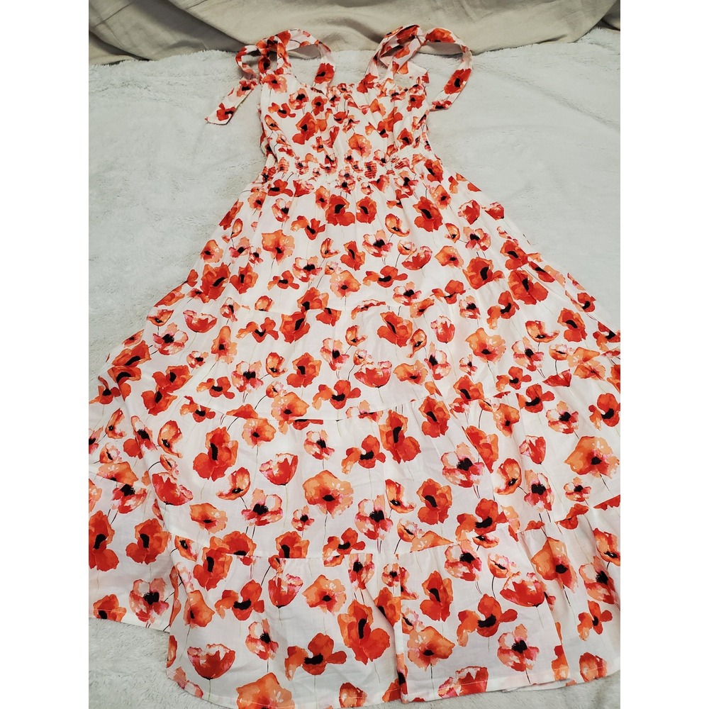 Matilda Jane‎ White Red Floral Smocked Tiered Casual Milkmaid Maxi Dress Medium
